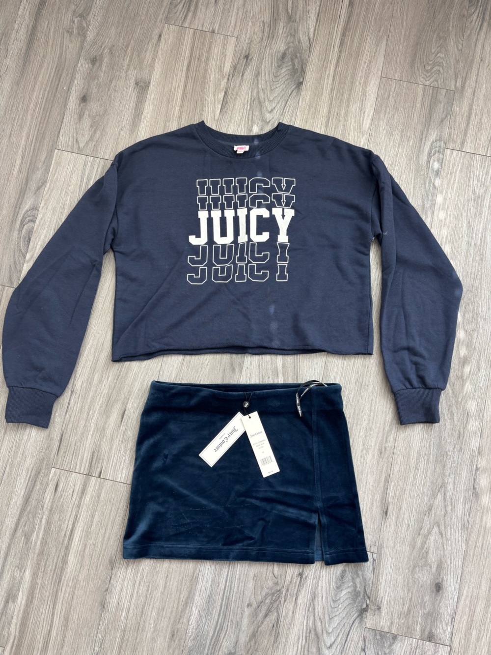 Juicy Couture OG Bling Navy Velour Skirt NWT + Matching JC Long-Sleeve XS